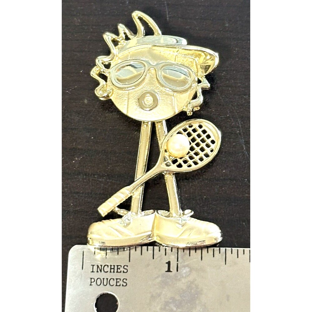 Woman Tennis Player Swinging Legs Faux Pearl Vintage Gold Tone Brooch Pin by AJC